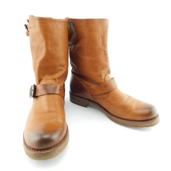 FRYE Cognac Brown Soft Leather Buckled Slouch Moto Boots 7.5 - Picture 2 of 9